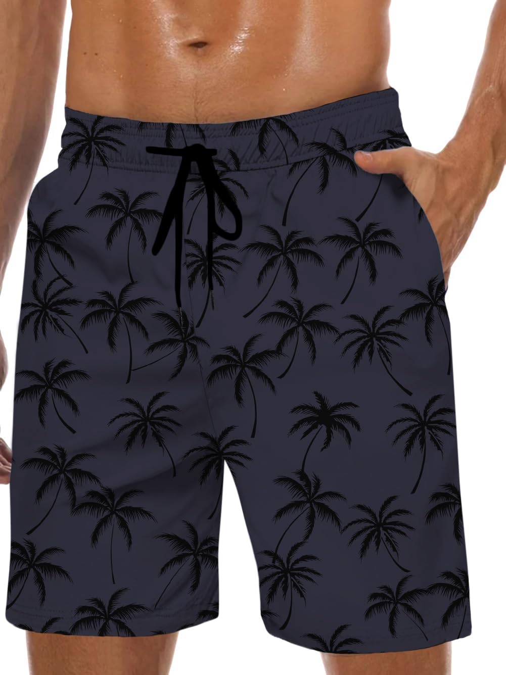 Men's Hawaiian Swimming Trunks with Mesh Lining and Pockets, Grey Palm Tree, 3XL