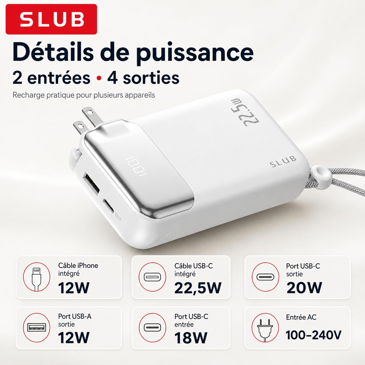 SLUB Batterie Externe 10000mAh 22,5W, Chargeur Portable Compact