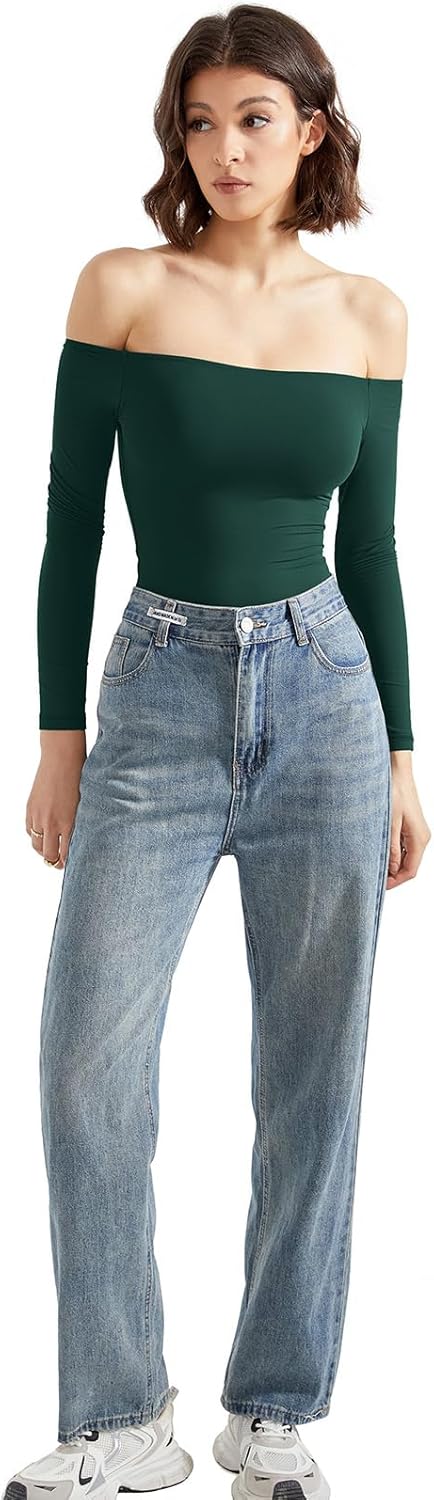 SUUKSESS Women Off the Shoulder Long Sleeve Bodysuit Double Lined Thong Bodysuit