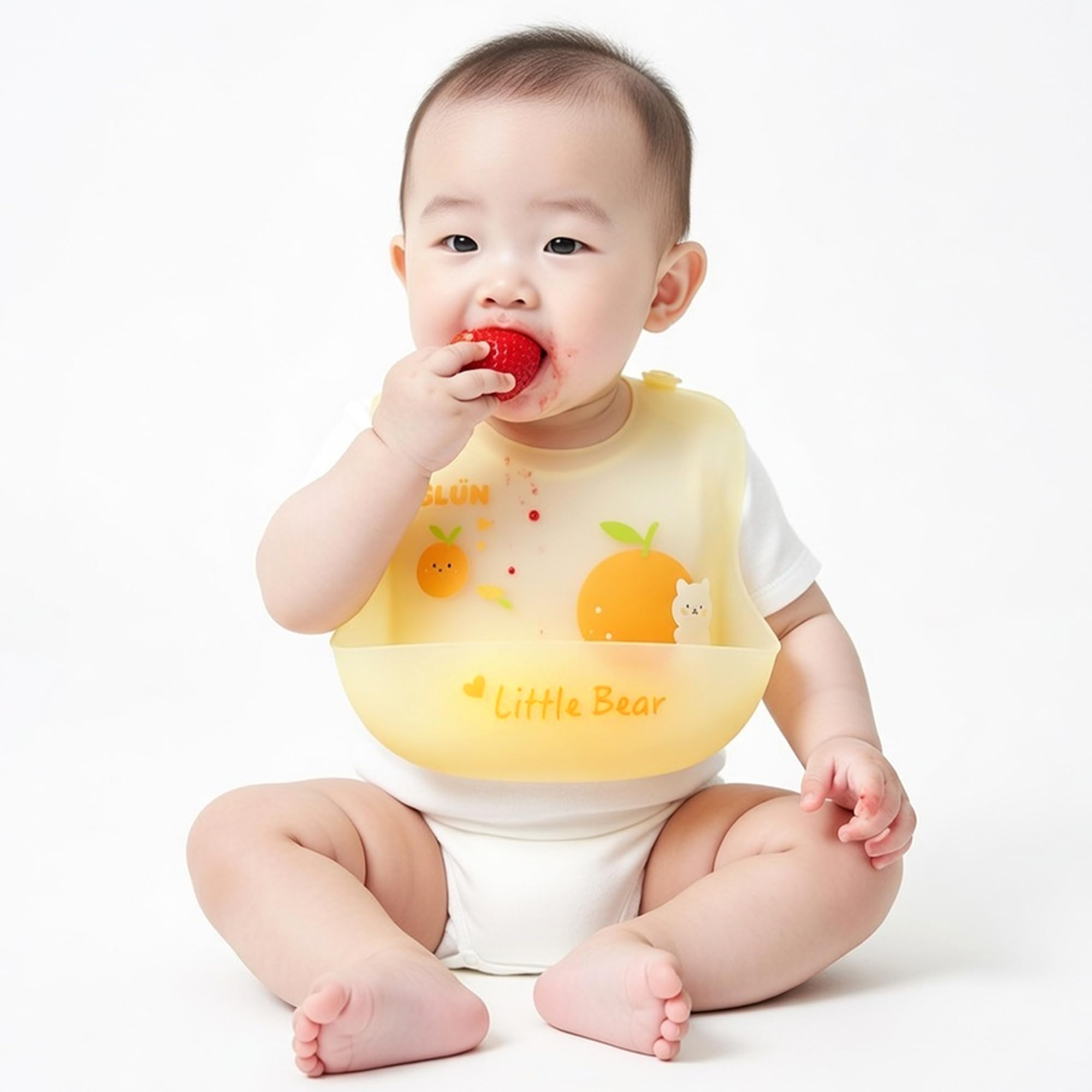 GLUN® Silicone Clear Bib with Front Bowl, Pack of 1 Oranges Print, Easily Wipes Clean, Comfortable Soft Baby Bibs, Less Time Cleaning after Meals for Babies-image-13