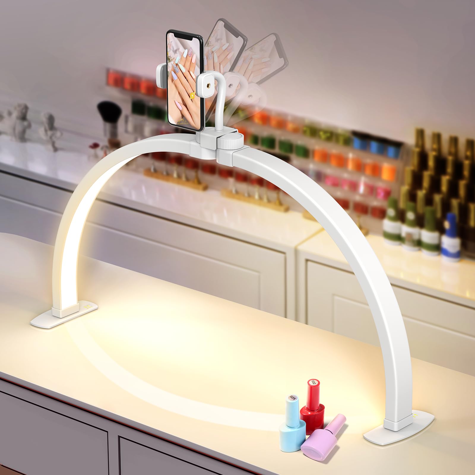 CGBE 34 inch halve maan lamp: 456 LED kralen nageltafellamp met mobiele telefoon houder - 40W opvouwbare dimbare cosmetische lamp met 3 kleurmodi 10 helderheid - voor Nail Tech wimpers tattoo - roze