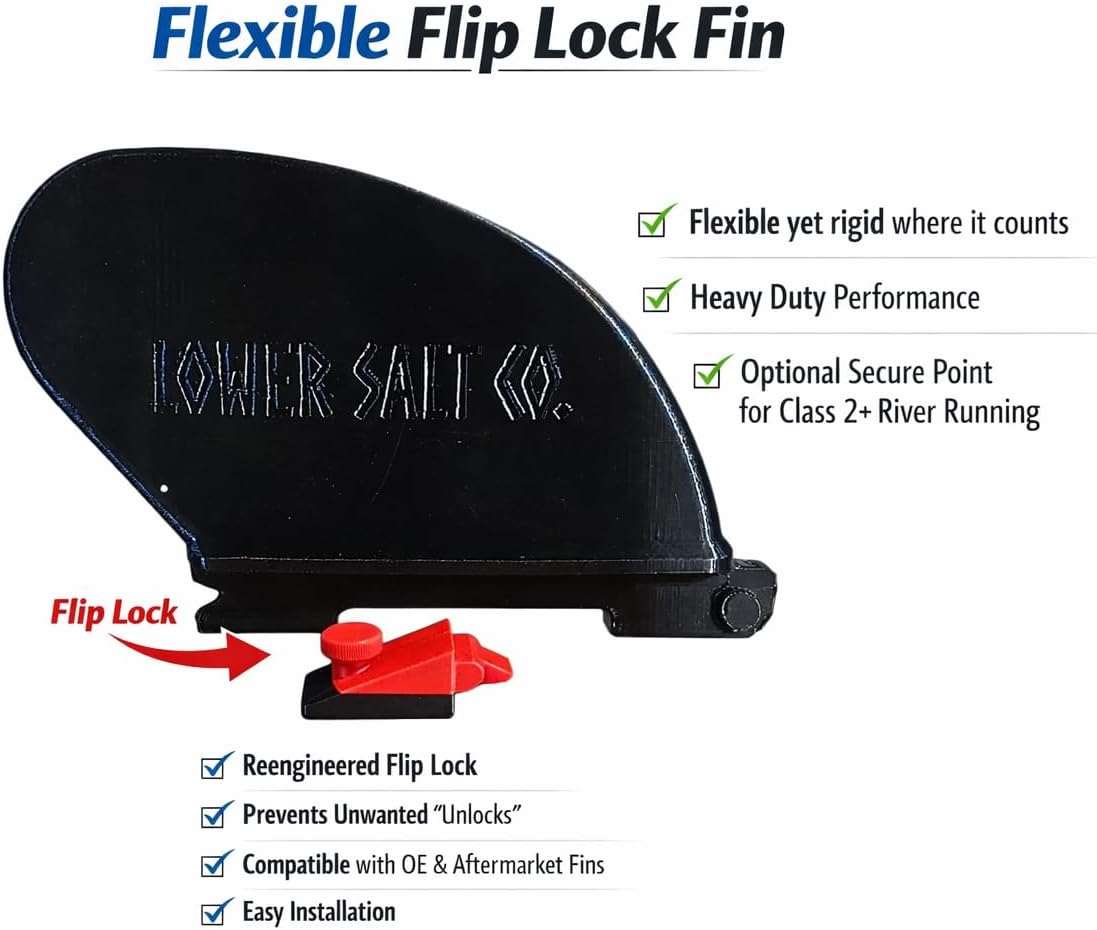 Lower Salt Co. Flip Lock SUP fin - Low Profile Design for Shallow/Rocky Water, Impact-Absorbing, Upgraded flip-Lock and attaching Mechanism, Quick-Lock fit for Standard fin Boxes, Black/red/Purple