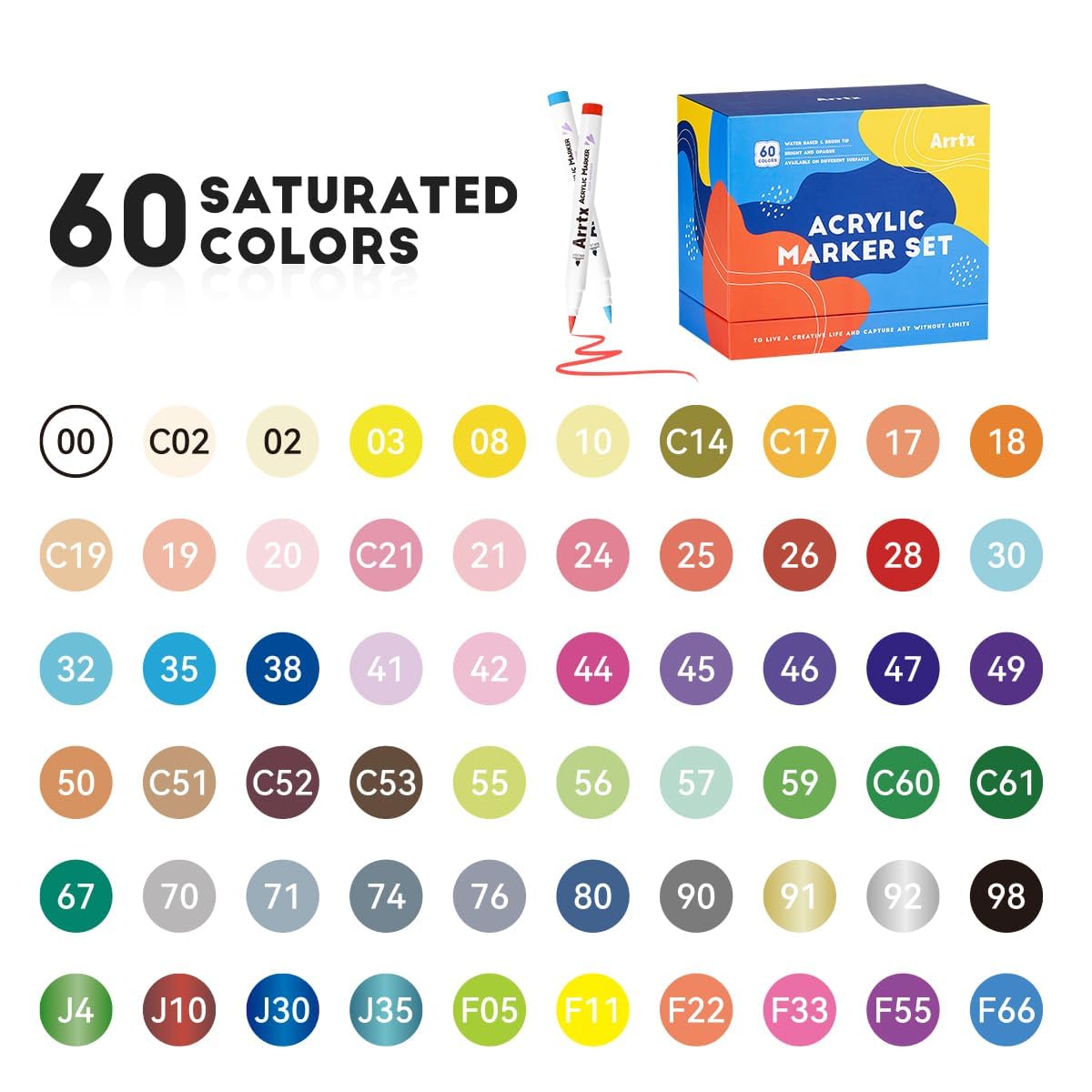 Arrtx 60 Colors Acrylic Paint Pens, Markers Paint Pens, Brush Tip for Rock Painting, Wood, Canvas, Stone, Ceramic, DIY Crafts Making Art Supplies-with Neon & Metallic & Regular Color-60A image 5