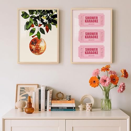 Miniatura 4 de Divertido arte de pared para baño, póster de lienzo de karaoke rosa con diseño de ducha, estilo retro, femenino, decoración de baño, ducha, canto,