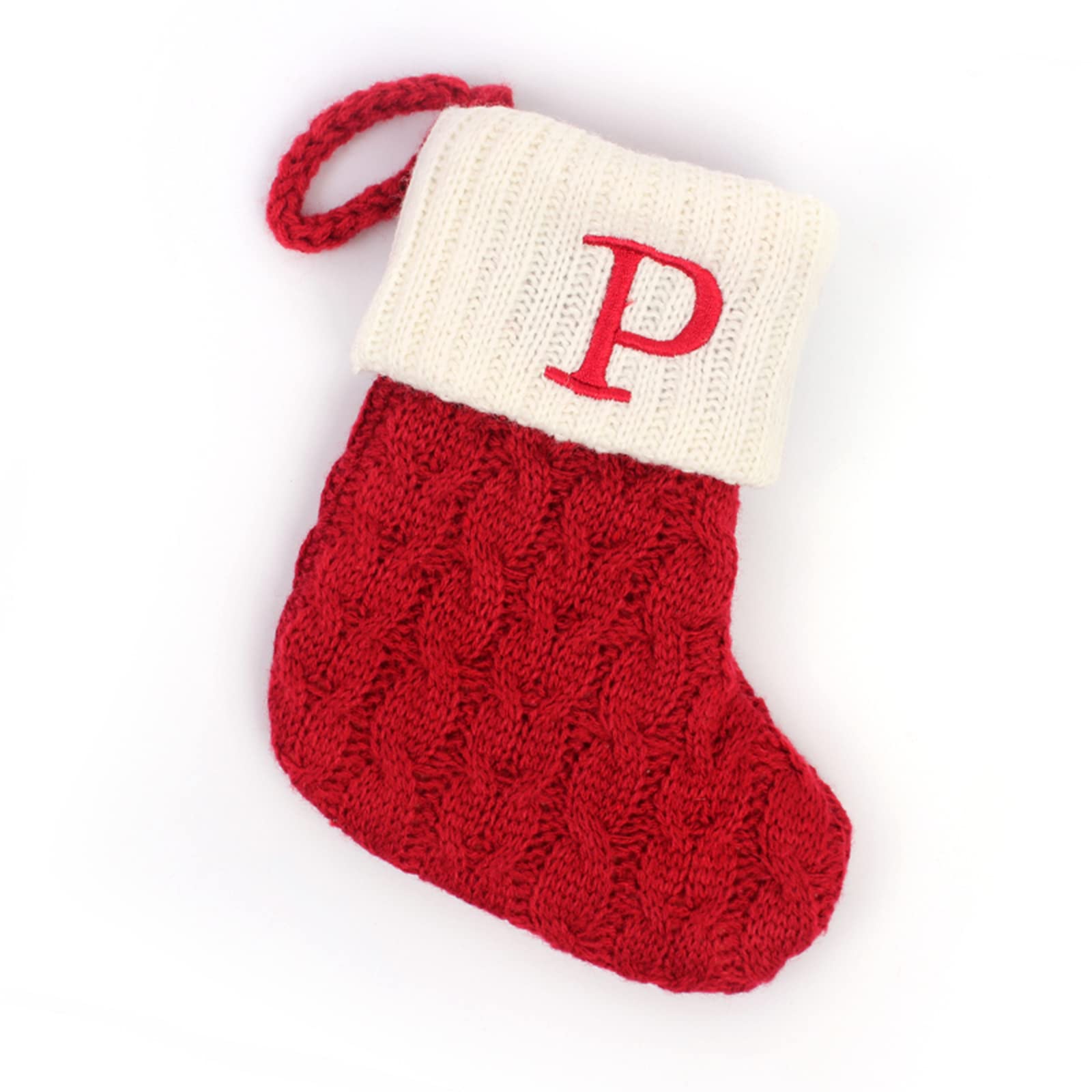 Initial Letter Christmas Stocking White Snowflake Knitted Christmas Tree Stockings Decorative Sock Hanging Ornament for Mantel Fireplace (Red P, 7inch)