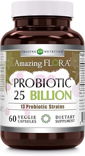 Amazing Flora Probiotic 13 mejores cepas de probióticos | 25 mil millones | Suplemento de 60 cápsulas vegetales | Sin OMG | Sin gluten | Adecuado