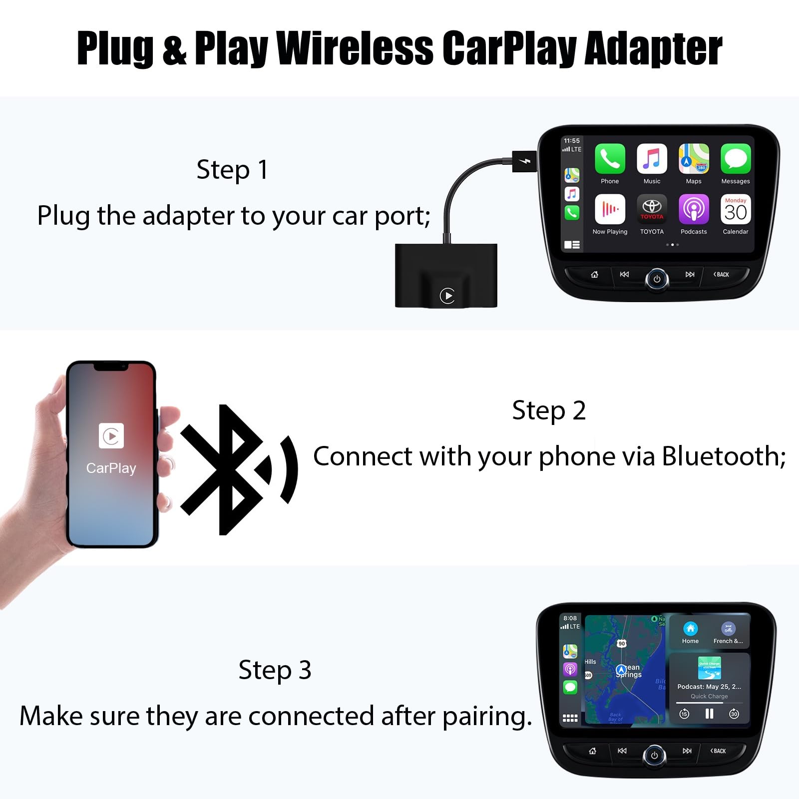 Adattatore wireless CarPlay, compatibile con Apple CarPlay, adattatore wireless UK, dongle Bluetooth Car Play per auto cablato di fabbrica, per auto dal 2015 iPhone 6 e superiori iOS 10 e superiori