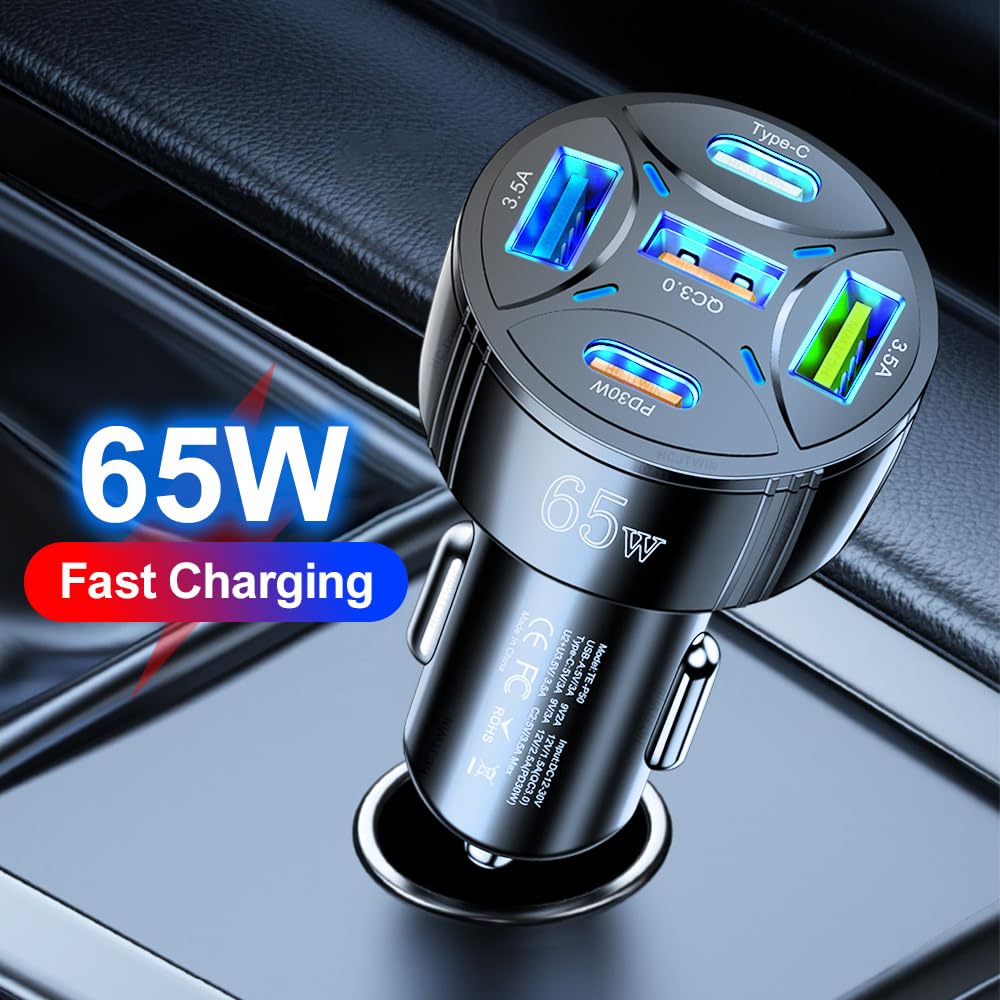Cargador USB C de coche de 65 W 5 en 1 multipuerto PD30W y QC3.0 de carga ultra rápida, cargador USB para iPhone/Android/Samsung/iPad Pro y más (negro)