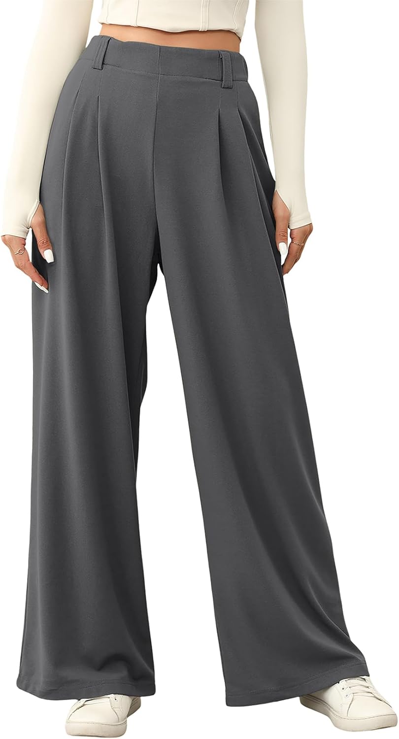 EVALESS Wide Leg Pants for Women Elastic High Waisted Waffle Knit Fleece Lined Palazzo Pants Work Trousers with Pockets