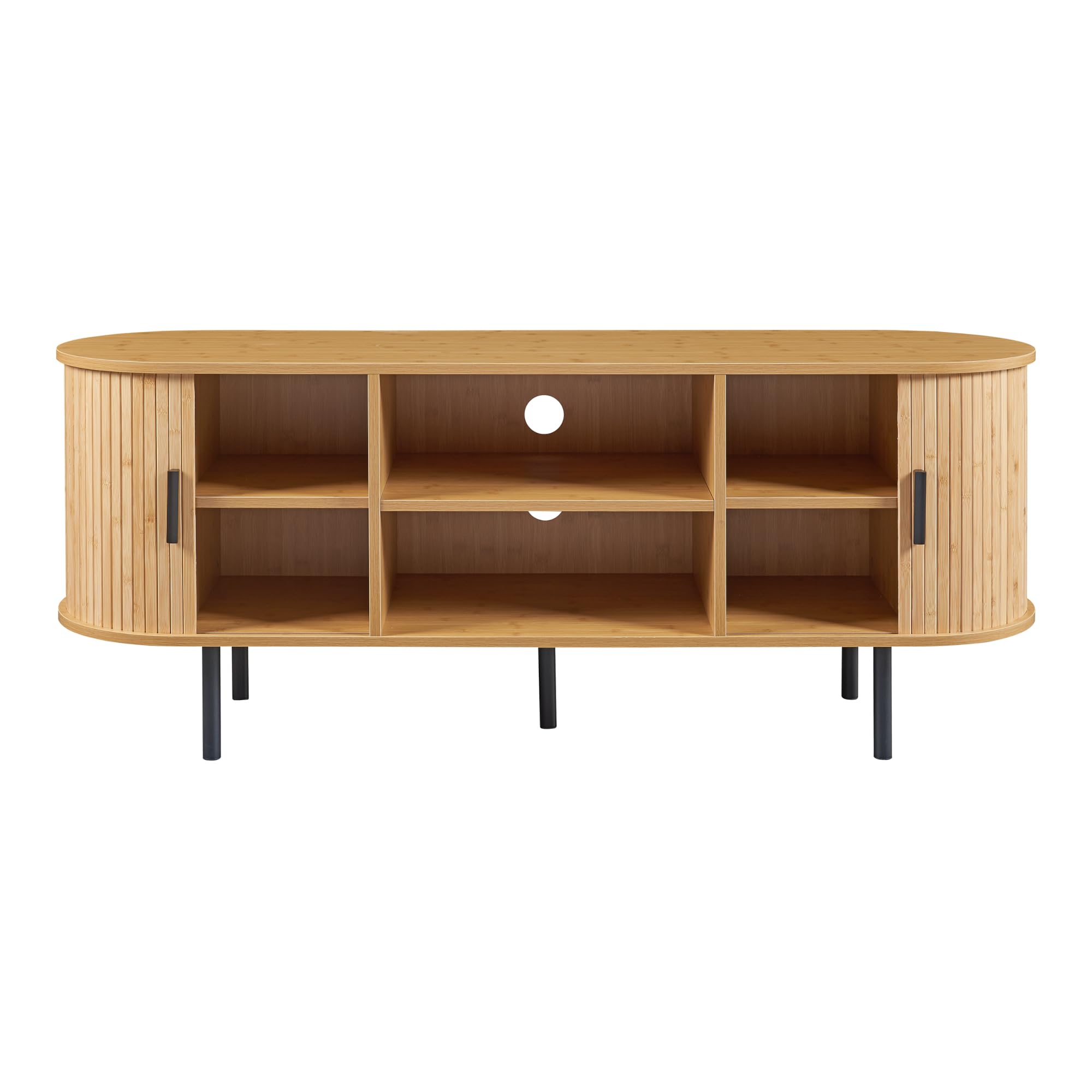 [en.casa] Mueble de TV Tvedestrand con 2 Compartimentos con Puertas Correderas y 2 Compartimentos Abiertos Mueble de Salón para TV Bambú Metal 140 x 40 x 55 cm - Efecto Madera/Negro
