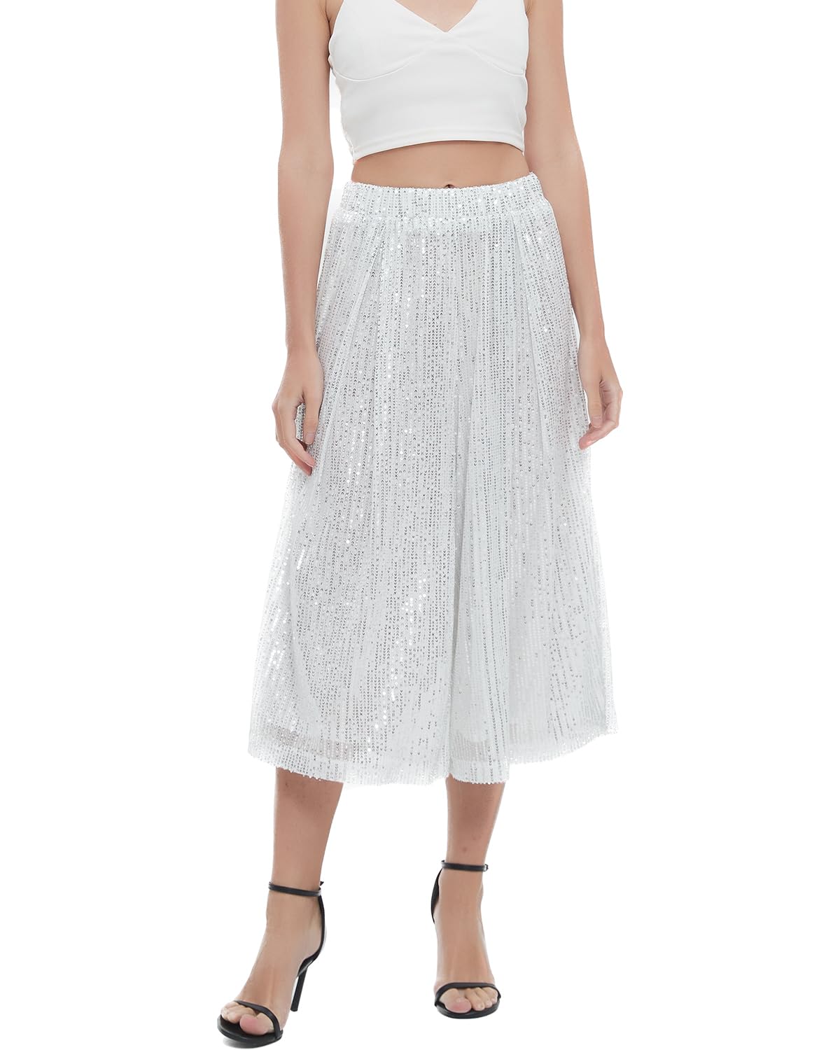 Aelidiya Womens Glitter Sequin Wide Leg Loose Pants Capri Pants Sequin Dress Pants Culotte