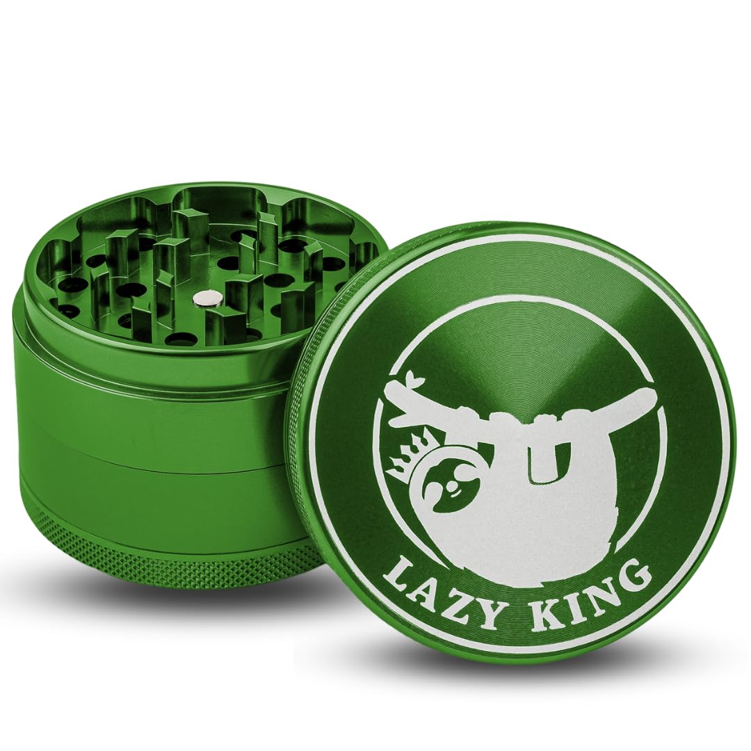 LAZY KING Premium Aluminium Grinder 55 Mm – 4-teilig Mit Beutel & Pollenschieber, Comic Design (Grün)