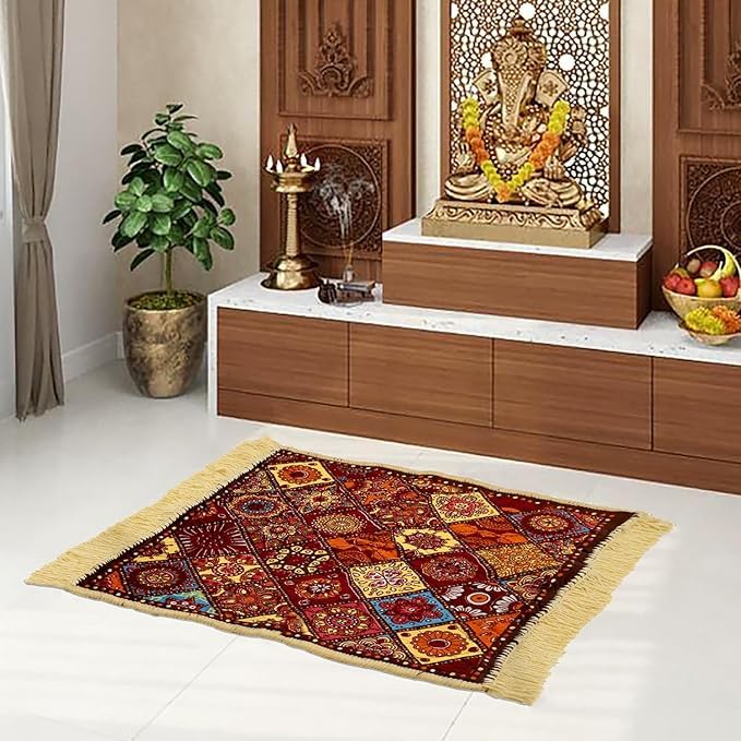 Bunaii Velvet Prayer Mat - Meditation Carpet, Pooja Aasan, Rangoli Square, Traditional - Small, Pack of 2, Multicolor-picture-37