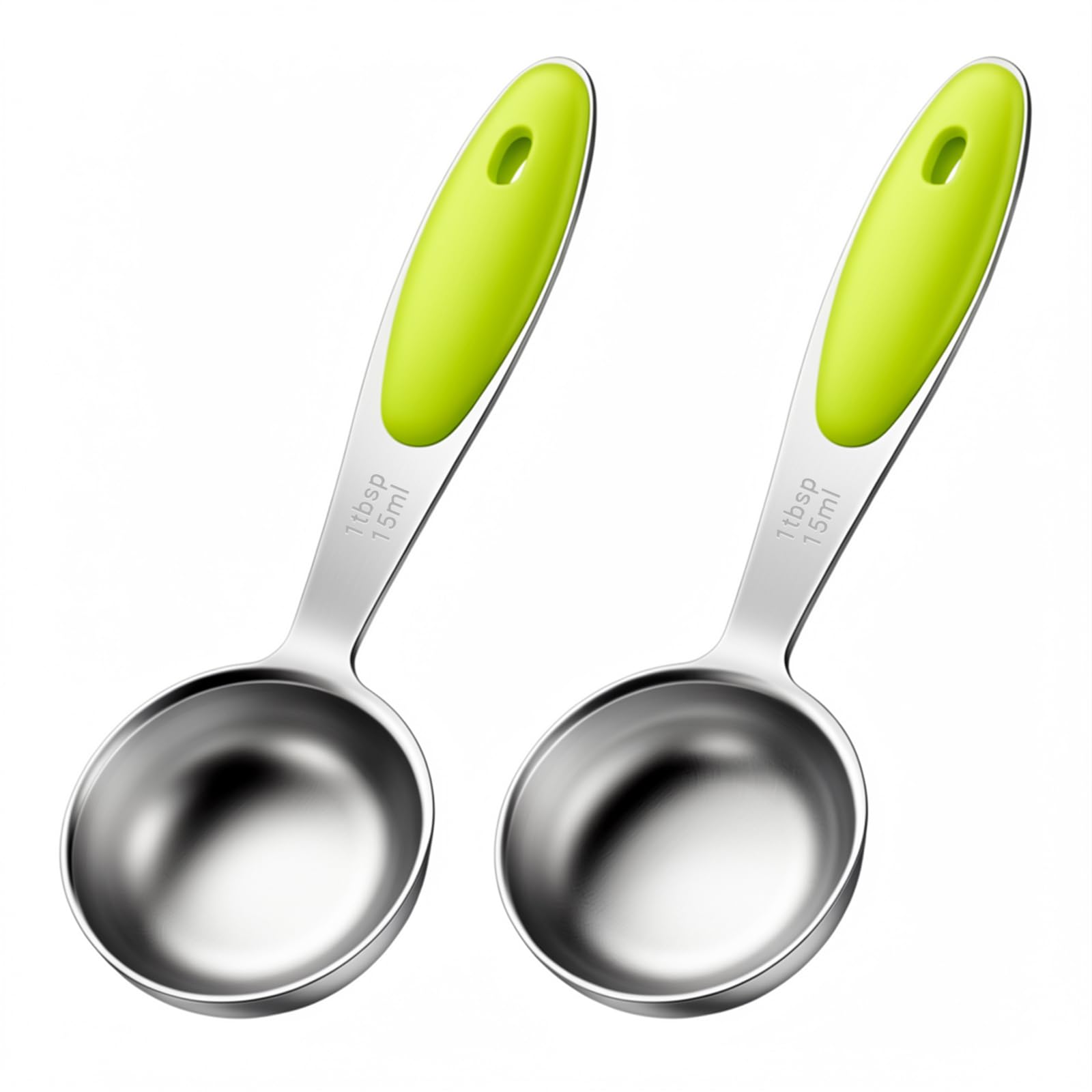 Matwsec 2 Pcs 1 Tablespoon Measuring Spoons 1 Tbsp (3tsp, 1/2oz, 15ml) Stainless Steel Measuring Spoons Green Silicone Grip 1 Tablespoon Scoop for Coffee Pet Food Grains Protein Spices Dry Goods