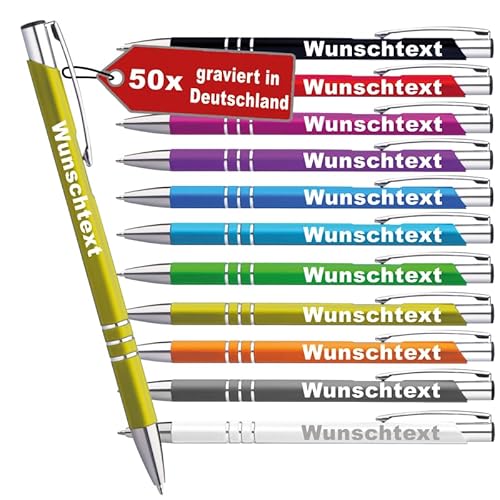 LOPREX 50 Stück Kugelschreiber mit Gravur – personalisierte Kugelschreiber aus Metall mit Wunschtext – Geschenk für Firmen, Schulen & Hochzeiten – 10 Farben & 10 Schriftarten – Gemischt LOPREX 50 Stück Kugelschreiber mit Gravur – personalisierte Kugelschreiber aus Metall mit Wunschtext – Geschenk für Firmen, Schulen & Hochzeiten – 10 Farben & 10 Schriftarten – Gemischt