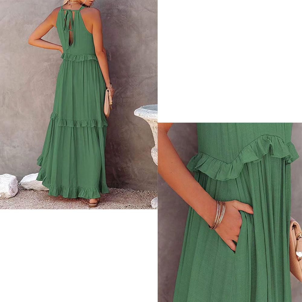 Vestido Largo sin Mangas con Cuello Halter, Vestido Informal con Volantes y Volantes, Vestido Largo con Vuelo en la Playa