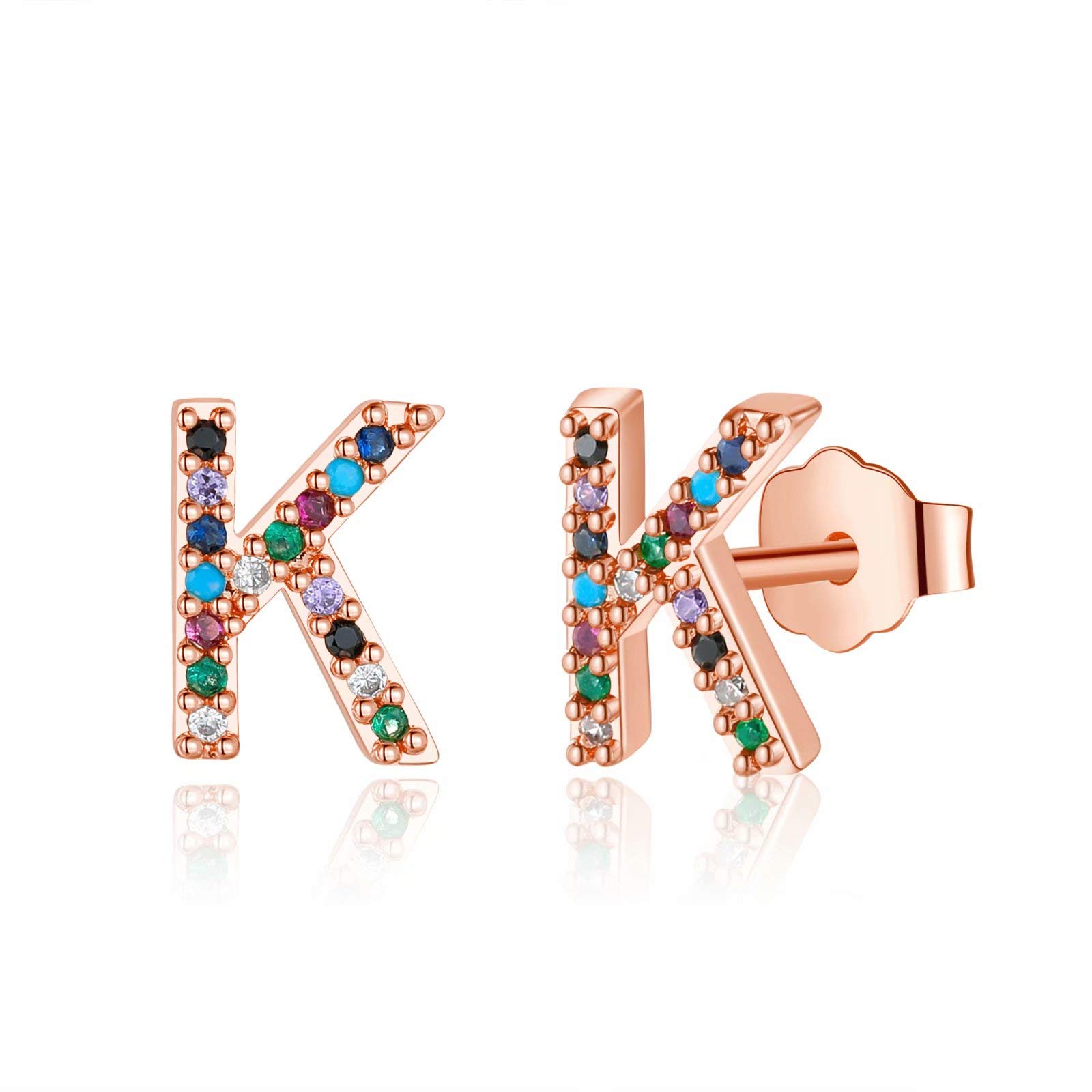 Memorjew Initial Stud Earrings for Women, Hypoallergenic 925 Sterling Silver Post Rainbow Cubic Zirconia 14K-Gold-Plated 26 Initial Earrings for Women
