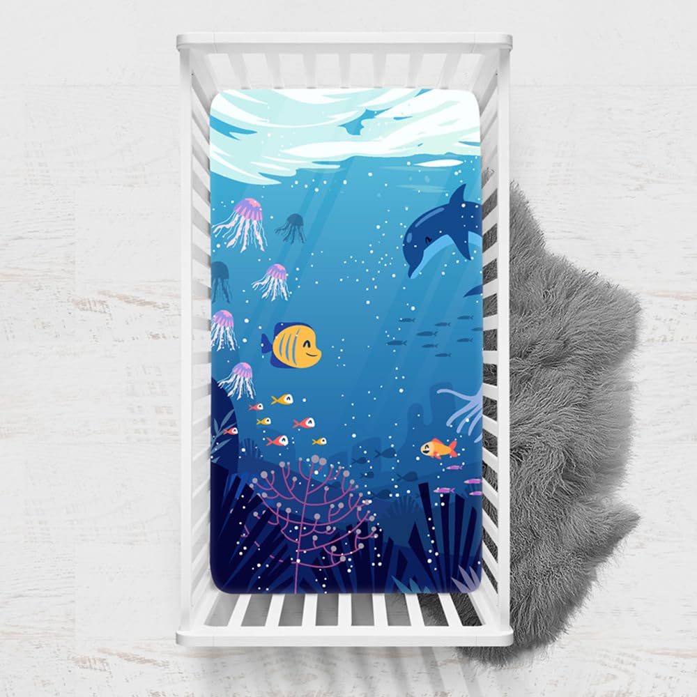 Odot Cot Bed Sheets, Ocean Print Bedside Cribs Fitted Sheets, Baby Bed Sheets Microfiber Cot Bed Mattress Protector, Bassinet Sheets, Easy Care Soft and Dureable (Dolphin,33x75 cm)