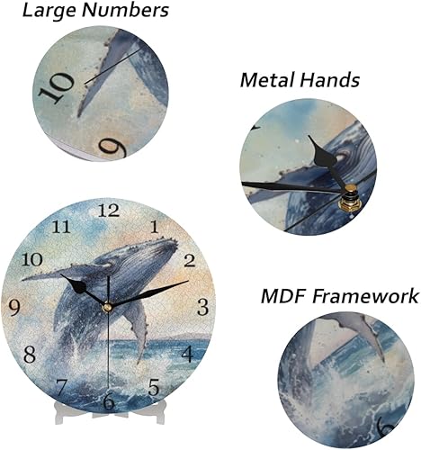 Miniatura 6 de Reloj de pared con diseño de ballena y playa, silencioso, sin tictac, con animales oceánicos, moderno, funciona con pilas, reloj analógico