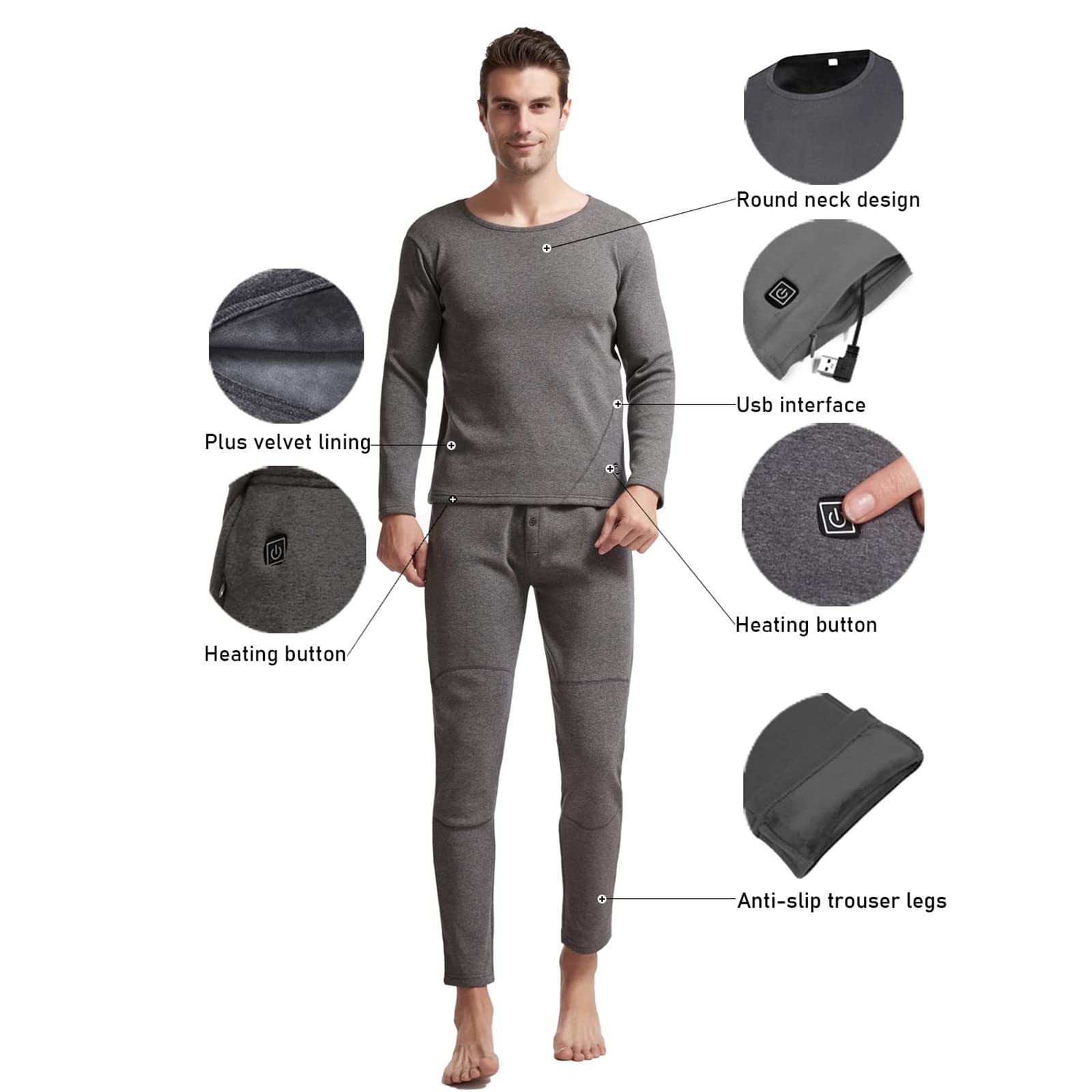Set Intimo riscaldato Invernale con connessione USB Top e Pantaloni Termici Controllo Intelligente, Temperatura, Tuta Calda (Grigio L)
