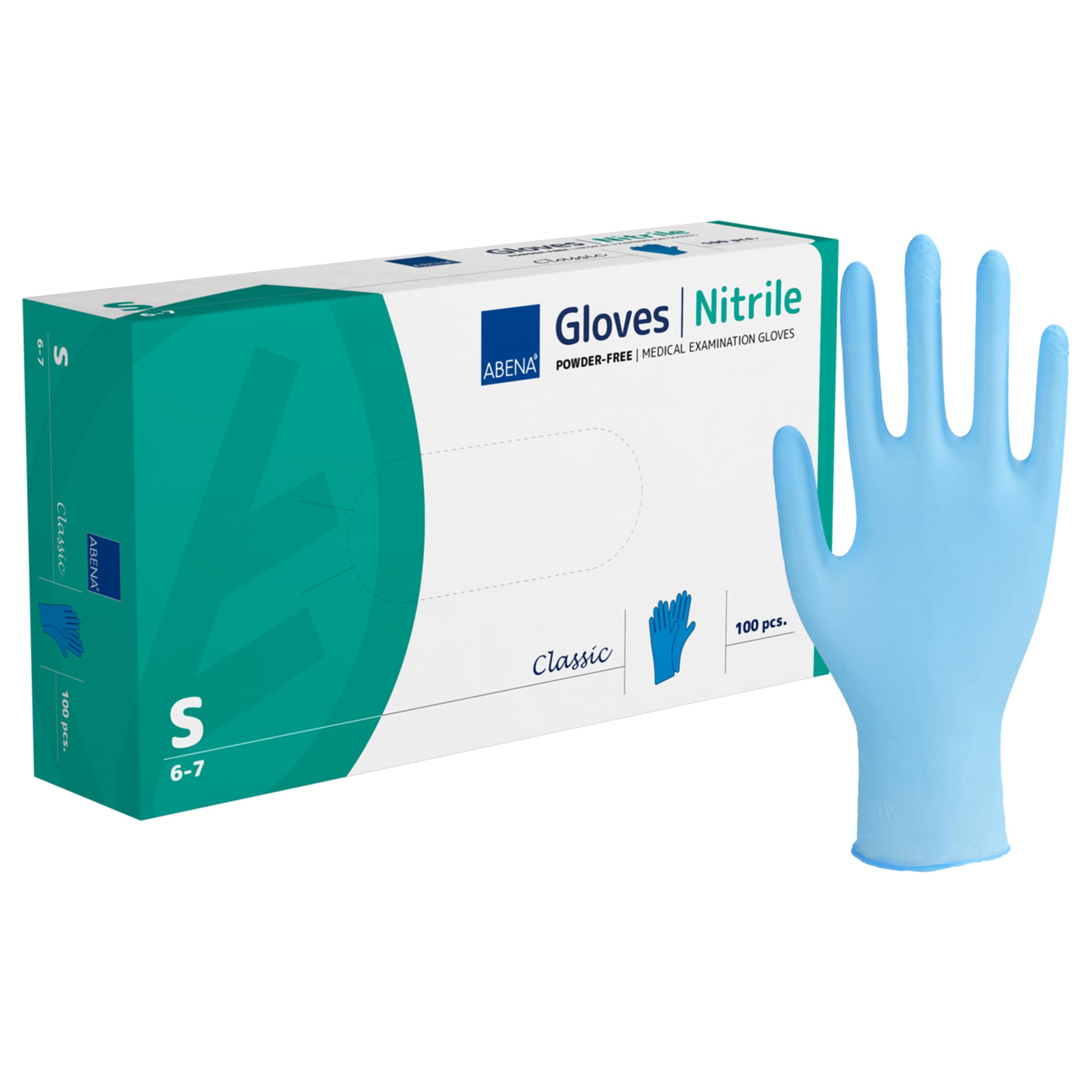 ABENA Blue Disposable Nitrile Gloves, Small, Pack of 100, Powder Free, Latex Free, Examination Gloves for Cleaning, Food Prep, Beauty, Medical & Hygiene, Strong Single Use Protective Gloves