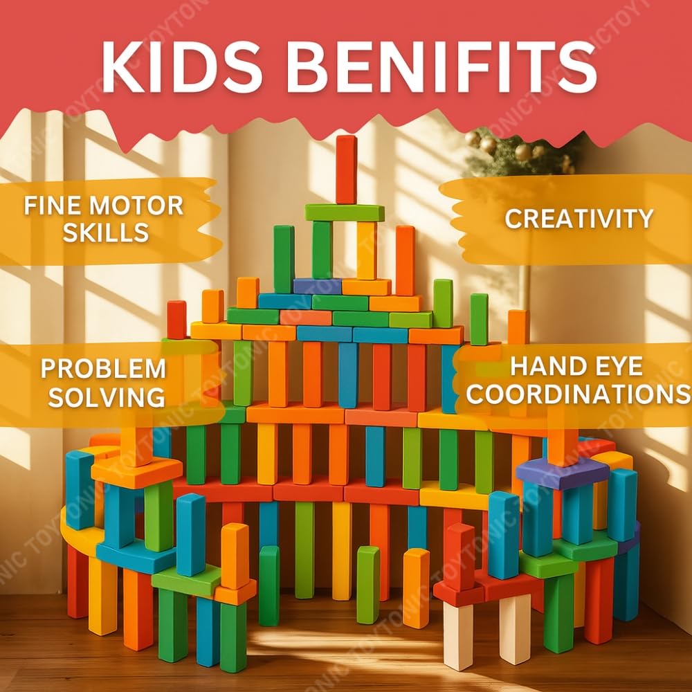 TOYTONIC 120 pcs Educational Wooden Building Blocks for Kids – Colorful Domino Set for Boys & Girls – Fun Indoor Games & Party Activities – Toys for Ages 3 to 12 Years (12 Colors) - Image 6 thumbnail