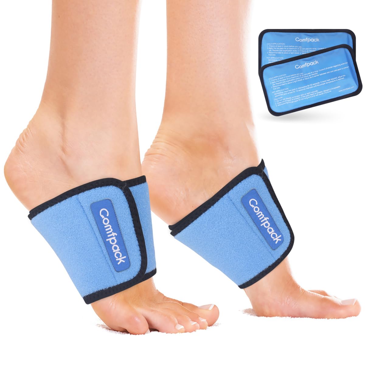 Comfpack Cold Therapy Wrap with 2 Packs & 2 Sleeves for Pain Relief, Reusable Gel Ice Packs for Foot Plantar, Wrist, Ankle, for Sprains, Muscle Pain, Bruises, Injuries, Blue