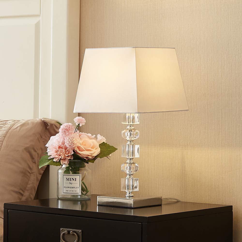Vicnie Modern Style White Square Fabric Shade Crystal Bedside Table Lamp,Bedside Lamp with Clear Crystal Lamp Base Perfect for Bedroom,Living Room