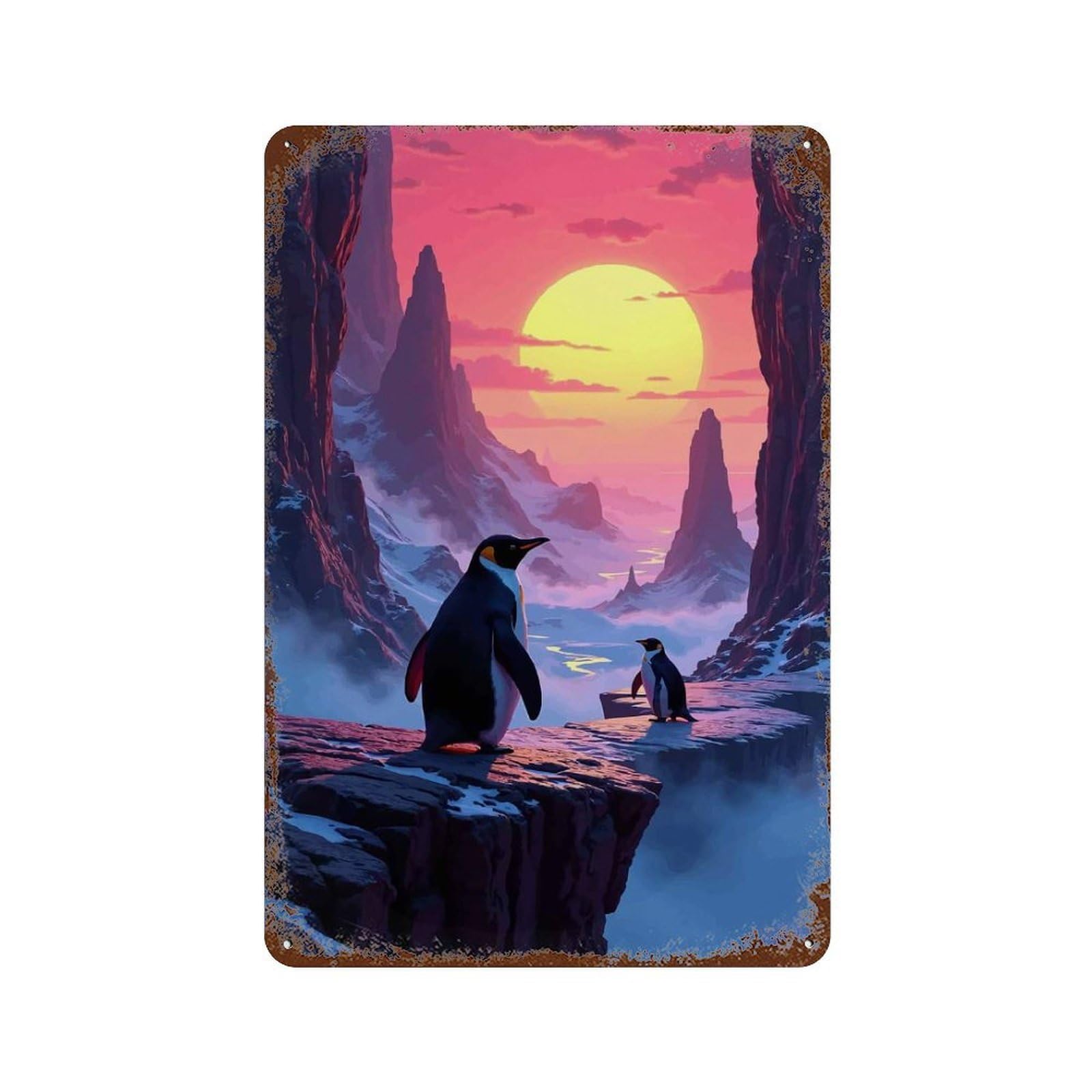 Penguins at Sunset Rustic Tin Plaque 11.8"x7.9", for Pub, Kitchen And Man Cave Decor, Vintage Wall Decor