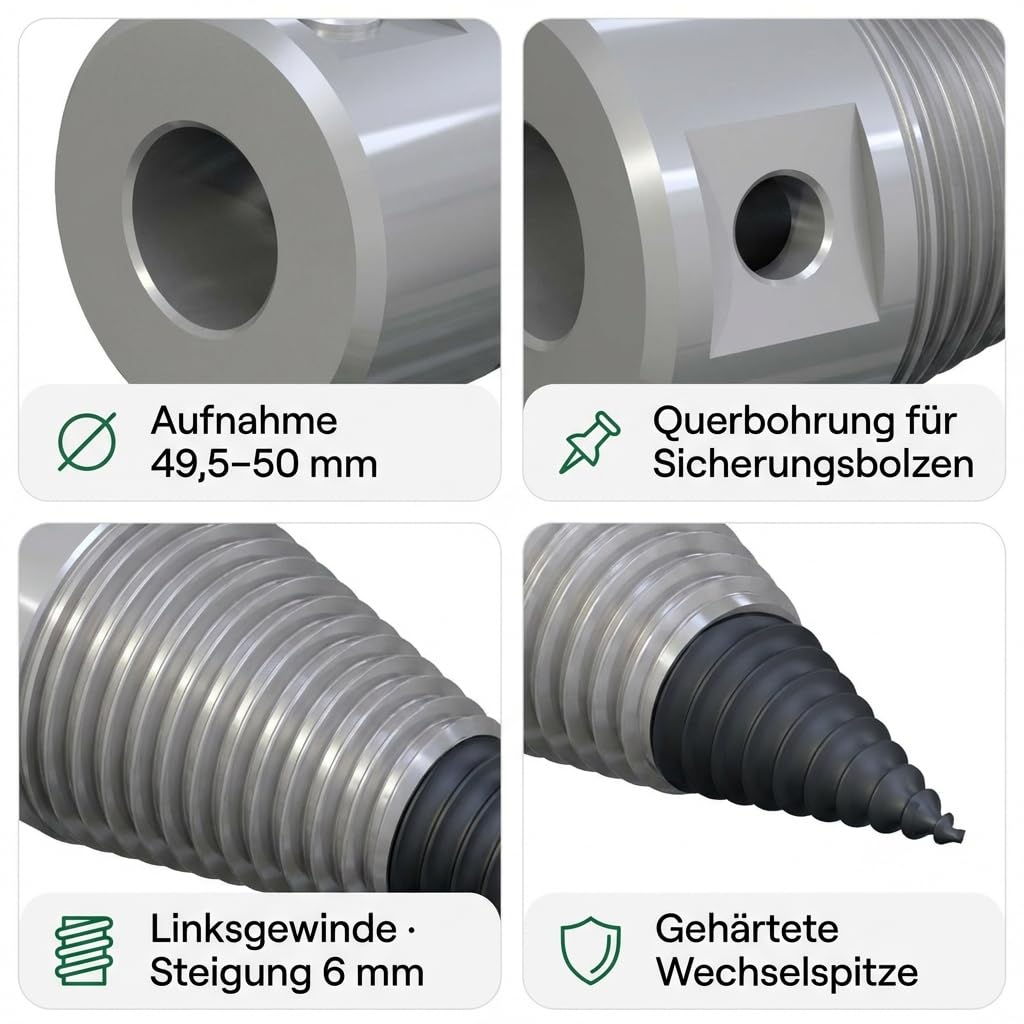 Holzspalter Drillkegel Ø120mm für 3T Rotator, Aufnahme 49,5–50mm, Linksgewinde 6mm Steigung, ca. 300mm Länge, C45 Stahl, wechselbare gehärtete Spitze, Querbohrung für 25mm Sicherungsbolzen