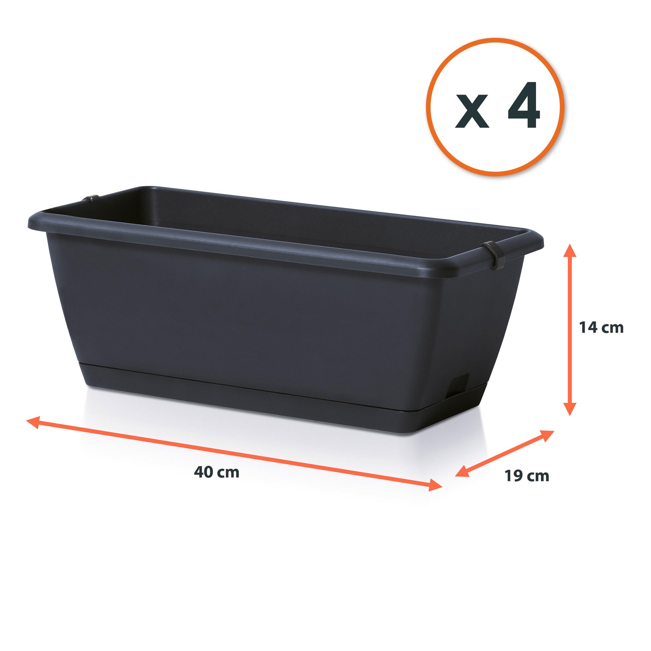 Spetebo Balkon Blumenkasten mit Halterung und Bewässerungssystem - 4 Stück in 40 cm - Kunststoff Geländer Pflanztopf in anthrazit - Blumentopf Pflanzkasten zum Einhängen mit Wasserablauf