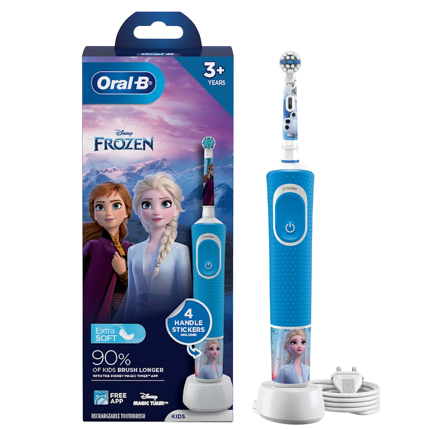 Oral B Kids Frozen Rechargeable Rotating Electric Toothbrush, 2 Brushing Modes (Daily & Sensitive), 2 Min Timer with Quadpacer, 2 Year Warranty, IPX7 Water Resistant, Round Brush Head