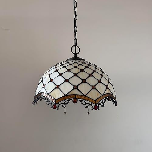 Miniatura 6 de Tiffany - Lámpara colgante con enchufe de cristal beige, bombillas LED incluidas para comedor, sala de estar, 16 pulgadas de ancho x 16 pulgadas de
