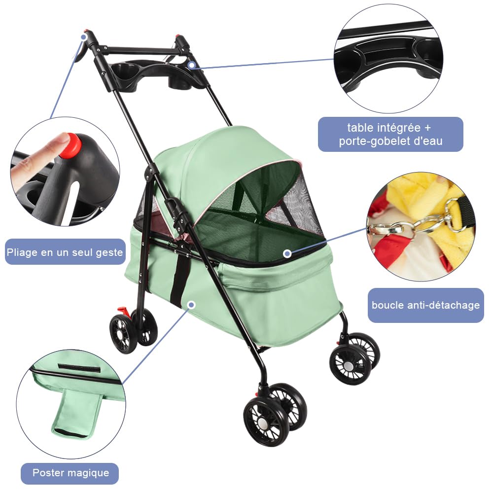 Buggy plegable para mascotas 3 en 1 - Capacidad de carga hasta 20 kg - de acero y EVA - con bolsa de transporte desmontable - Buggy carrito para animales pequeños hasta 20 kg - 50 x 70 x 95 cm (Verde