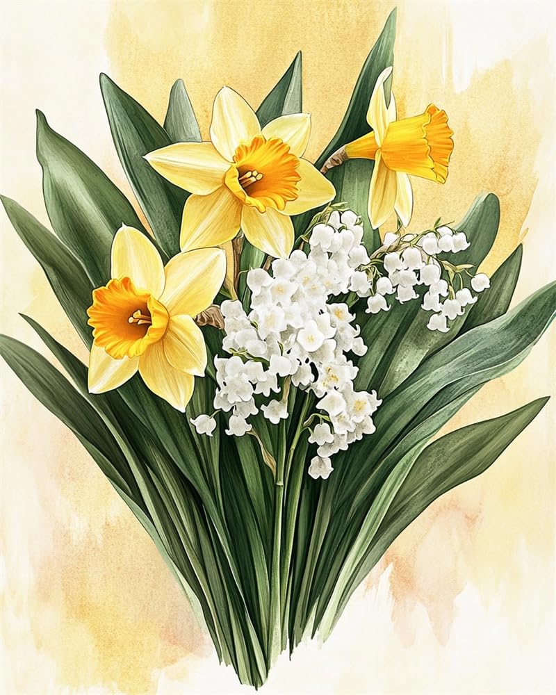 Henypt Stamped Cross Stitch Kits -Beautiful Bouquet of Daffodils and Lilies Colorful Printed Easy Pattern Needlepoint Kits Embroidery Crafts for Adults Beginners Gift