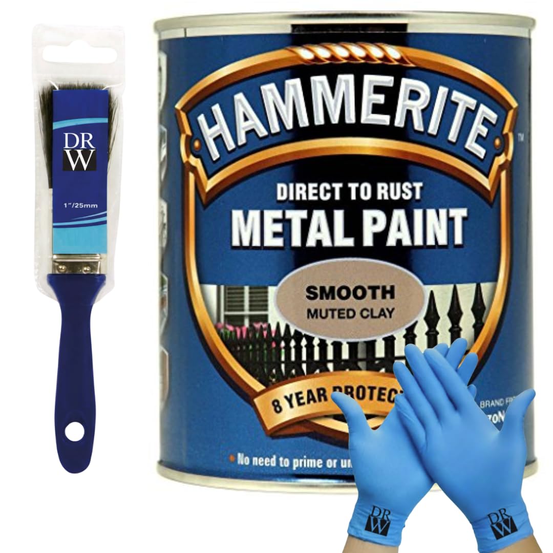 DRW Hammerite Direct to Rust Metal Paint Smooth Muted Clay 250ml 1" Paint Brush & Free Nitrile Gloves | Durable Anti-Rust Protection for Indoor & Outdoor Metal