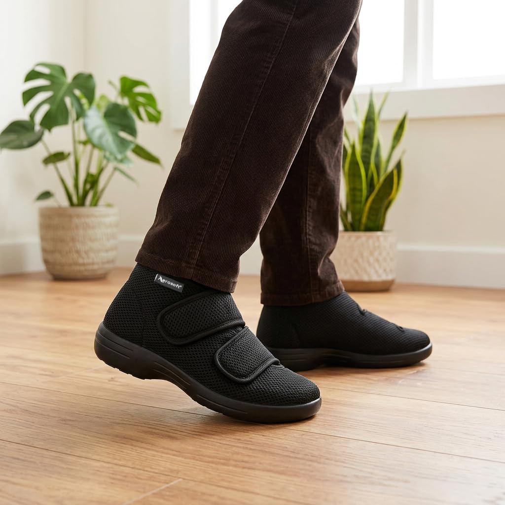 Aerosoft Reha-Stiefel Stretch 21 für Damen und Herren mit Klettverschluss | Weit öffnender, leichter Klett-Hausschuh mit Stretchmaterial, atmungsaktiv, weicher Dämpfung und rutschhemmender Sohle.