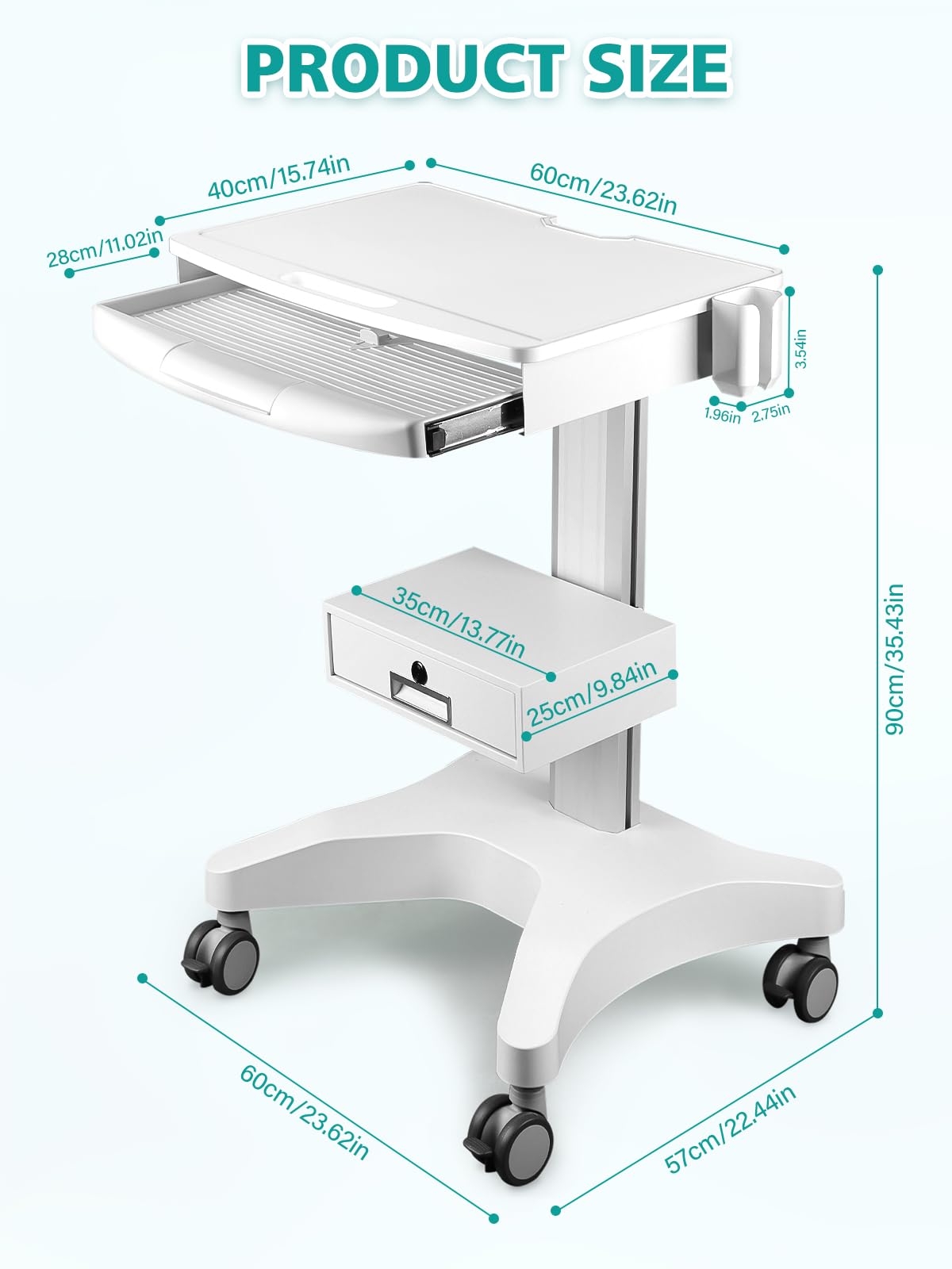 Kalolary Carrito médico, estación de trabajo médica para laptop, con bandeja para laptop y soporte para escáner oral, carrito móvil de clínica dental con ruedas con cajón, laboratorio rodante para