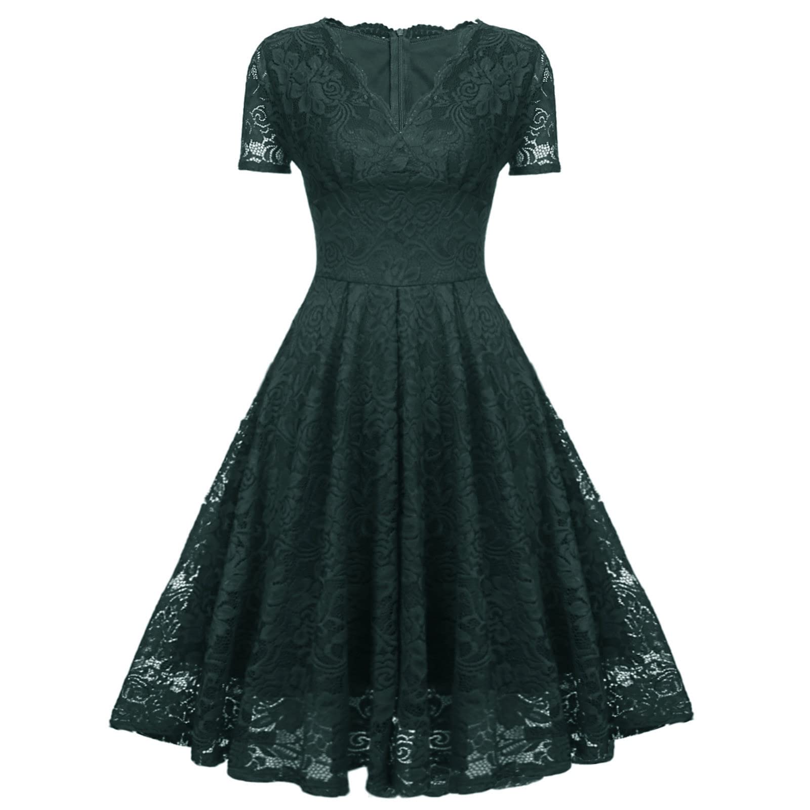 Abendkleider Elegant Für Hochzeit Damen Knielang Vokuhila Kleid Frauen Mit Ärmeln V Ausschnitt Cocktailkleid A Linie Spitze Ballkleid Festlich Abendkleid Bordeaux Partykleid Sommerkleid