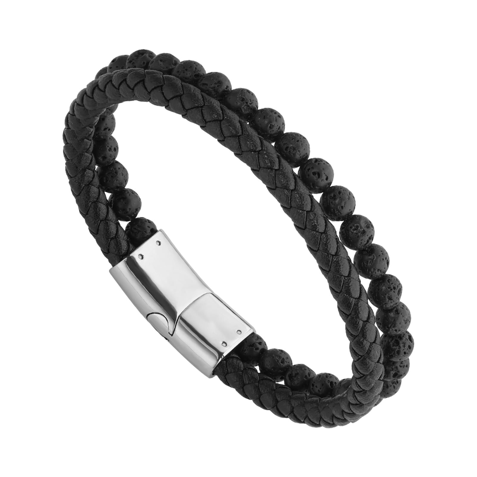 Hengbofeng Mens Bracelet, Jewelry Gifts for Men,Black Braided Leather Stainless Steel Cross With Black Onyx Beads Double-Row Bracelets for Men,For Dad,Friends,Brother,Sons