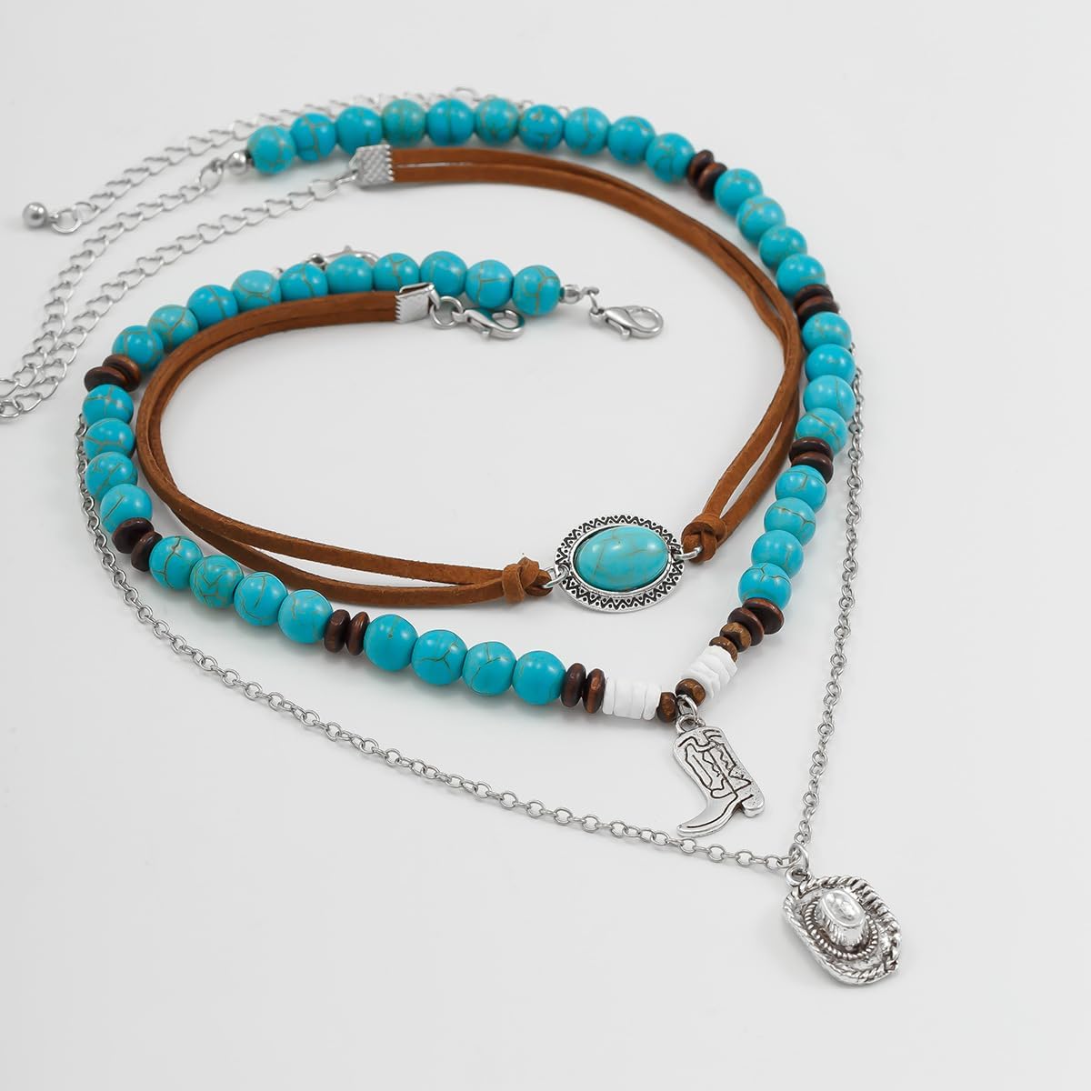 Western Turquoise Layered Chain Necklaces Brown Suede Choker Necklace Set Boho Jewelry Gifts for Women Cowgirls - Image 6