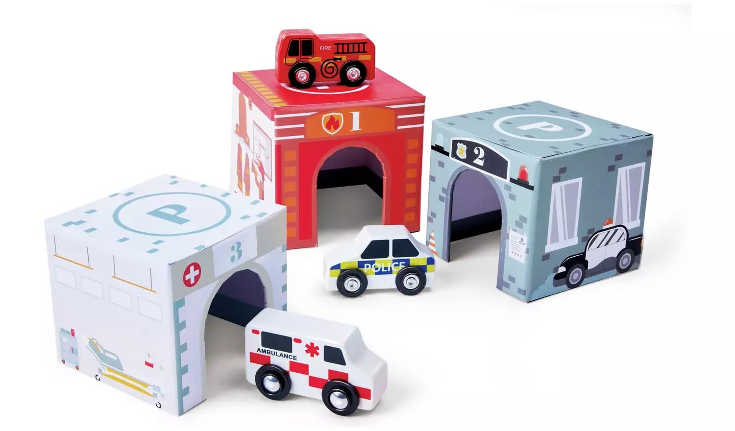 Wooden Emergency Vehicles Play Set, Community Helpers Toy with Fire Station, Police Station & Hospital Garages, Stacking Role Play Toy for Toddlers 12+ Months