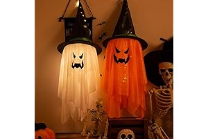 2PCS Hanging Lighted Glowing Ghost Witch Hat Decorations