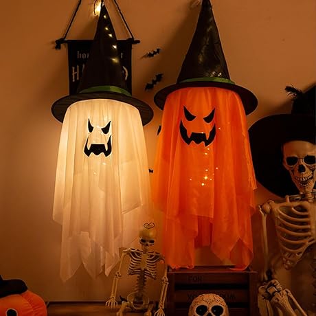 2PCS Hanging Lighted Glowing Ghost Witch Hat Decorations