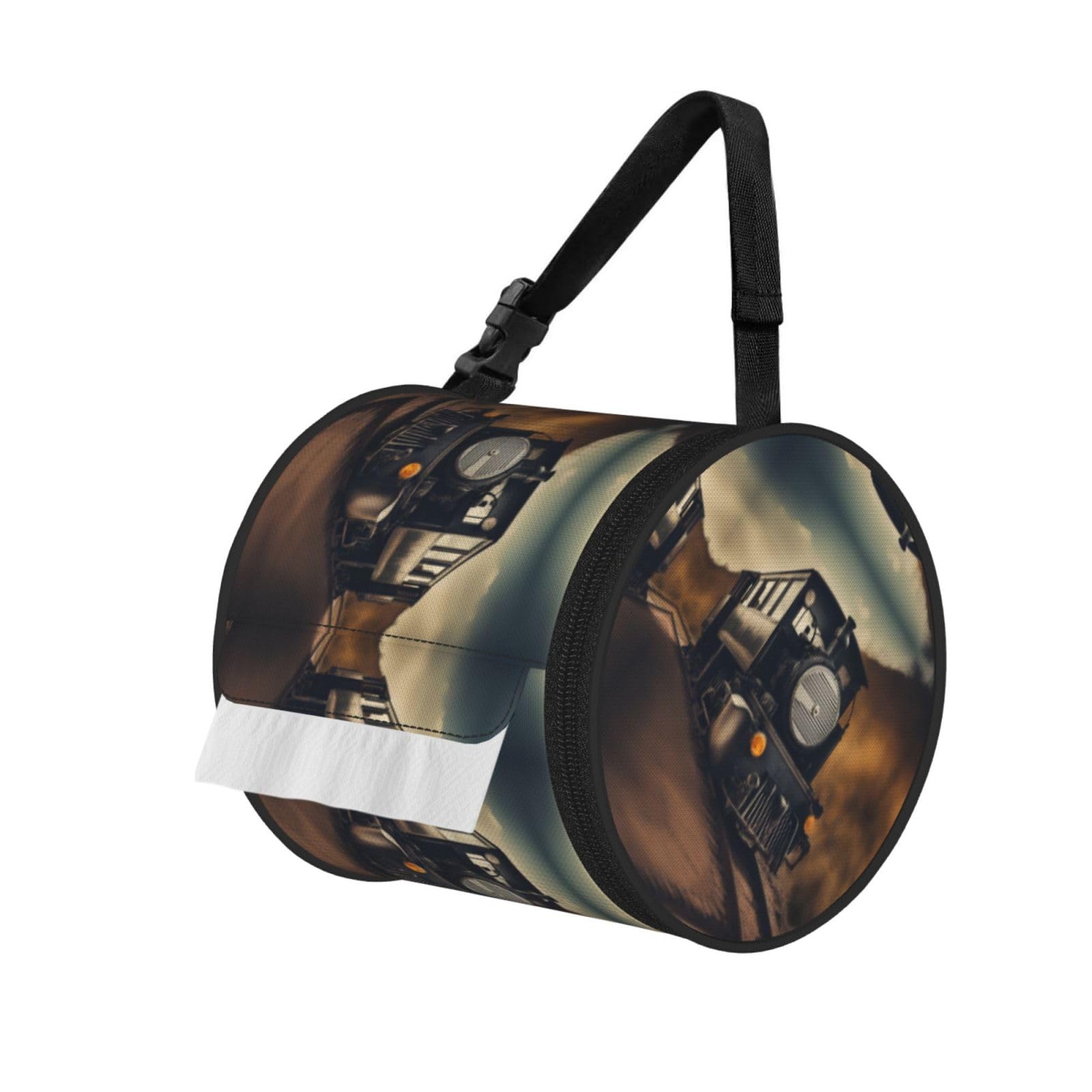 Locomotive Print Cylinder Tissue Organizer Bag With Strap, Portable Toilet Roll Holder For Camping Car