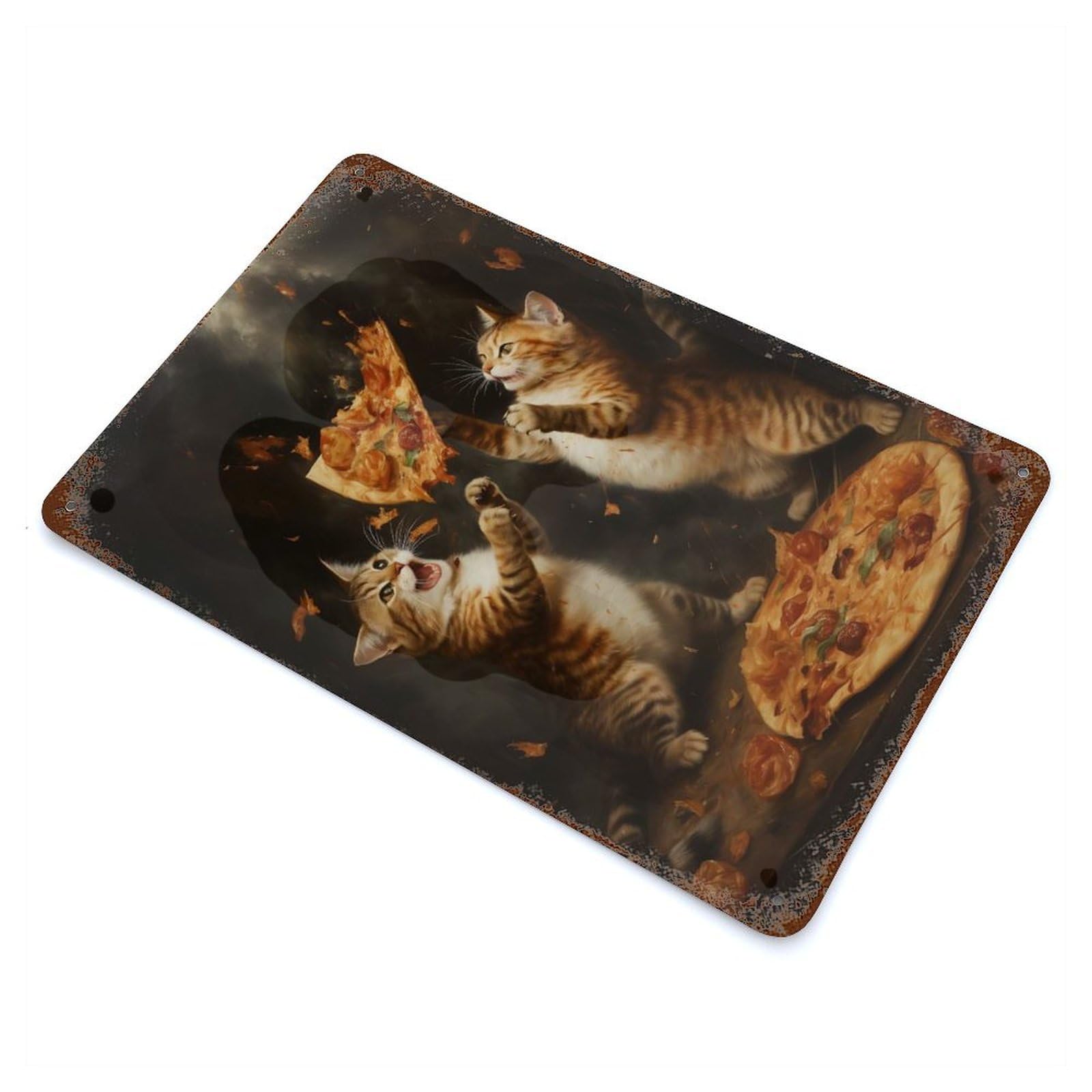 Pizza Cat Food Fight Vintage Metal Tin Sign 11.8"x7.9", Retro Wall Decor for Office, Studio And Wall Decor