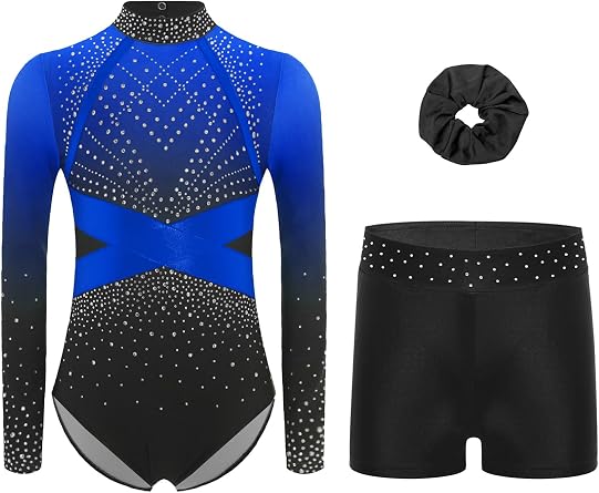 FEESHOW Girls Rhinestones Rhythmic Gymnastic Leotard Color Block Long Sleeve Athletic Dance Unitard with Shorts Hairband