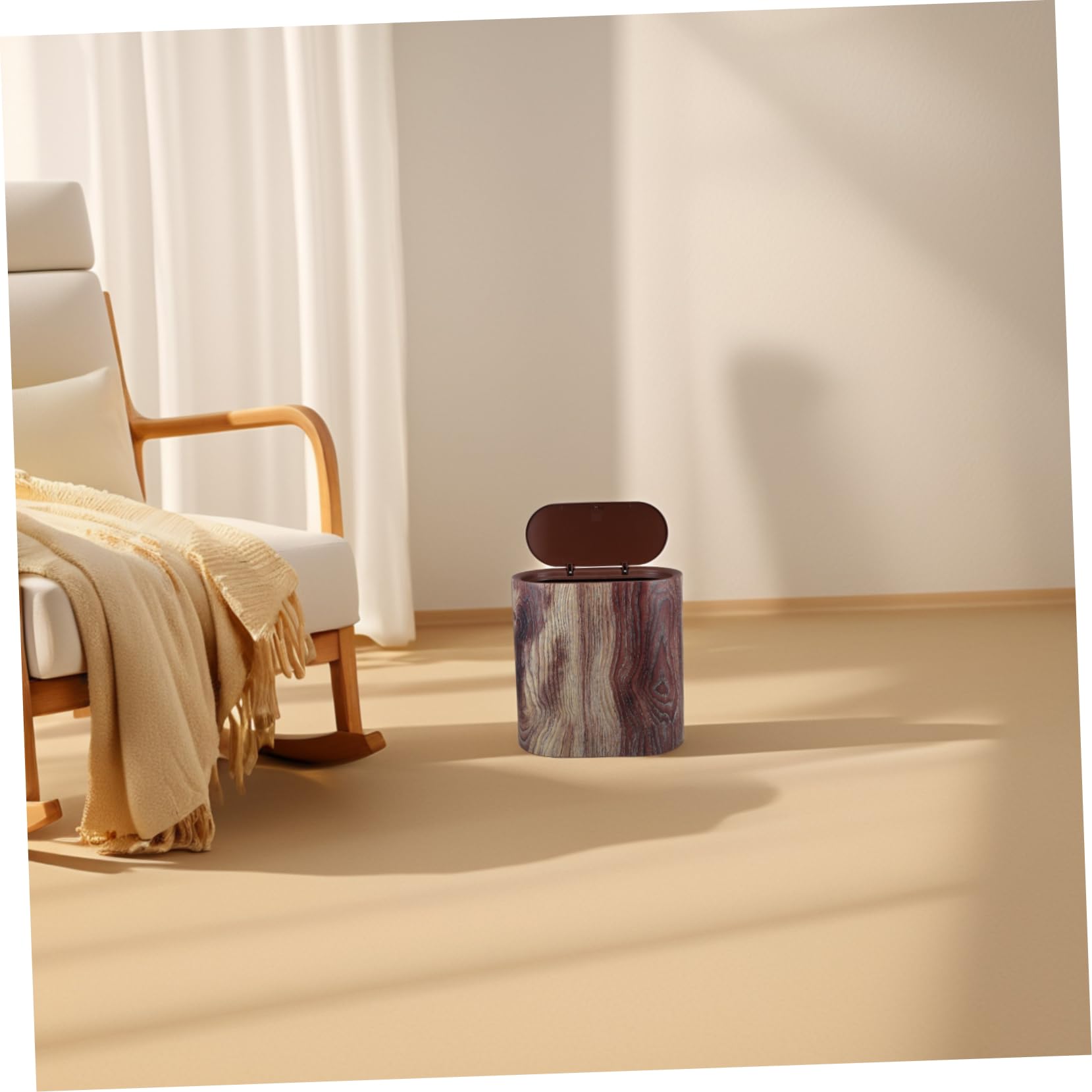 KOMBIUDA Papelera de Plástico Marrón con Veta de Madera y Tapa, Diseño Delgado y Elegante para Baño y Oficina, Fácil de Limpiar y Uso Prolongado