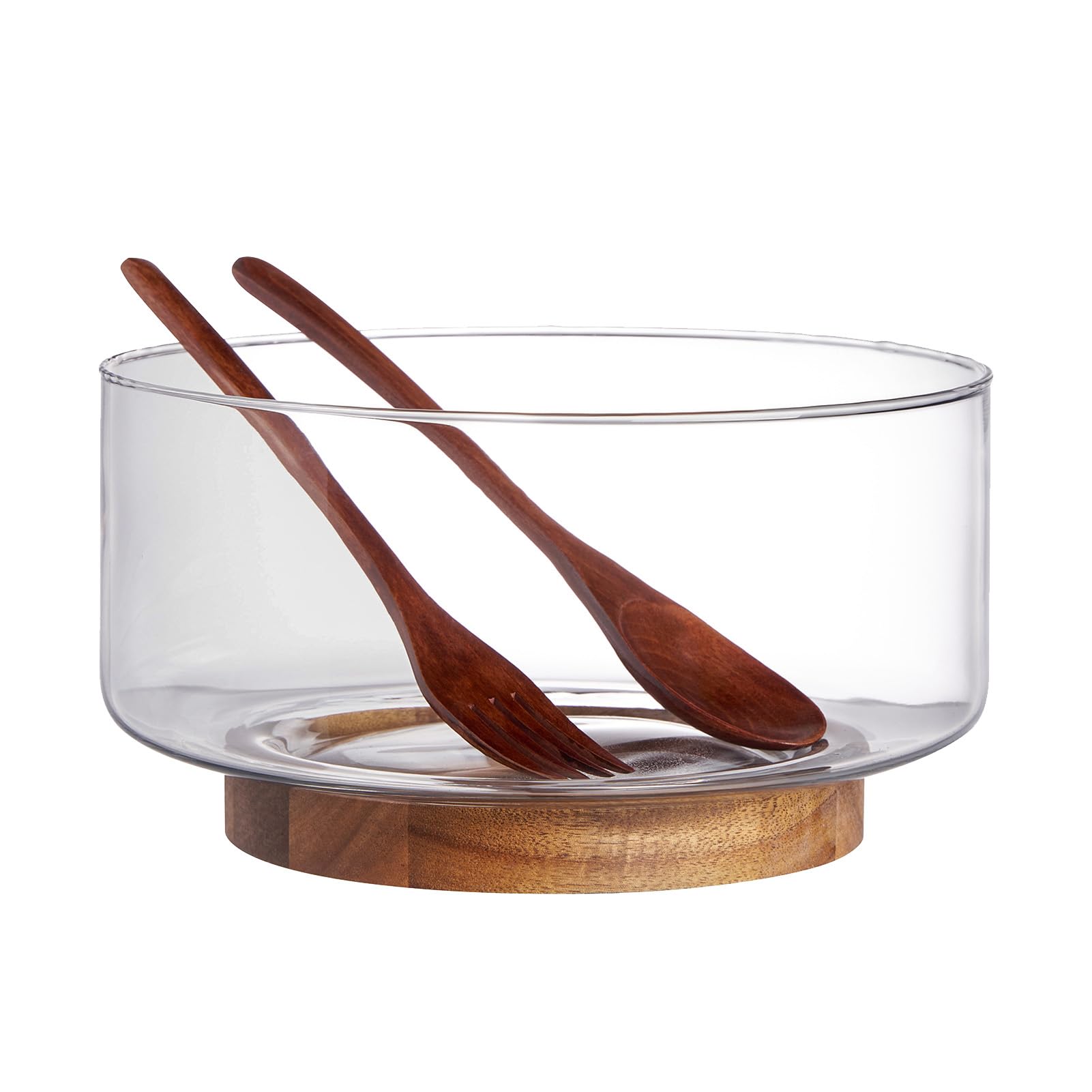 Photo 1 of LiTY Glass Salad Bowl Set, 9? Medium Salad Servers with Acacia Wood Base and Salad Serving Utensils, for Party, Fruits, Popcorn, Chips, Pasta, Kitchen Must-Have