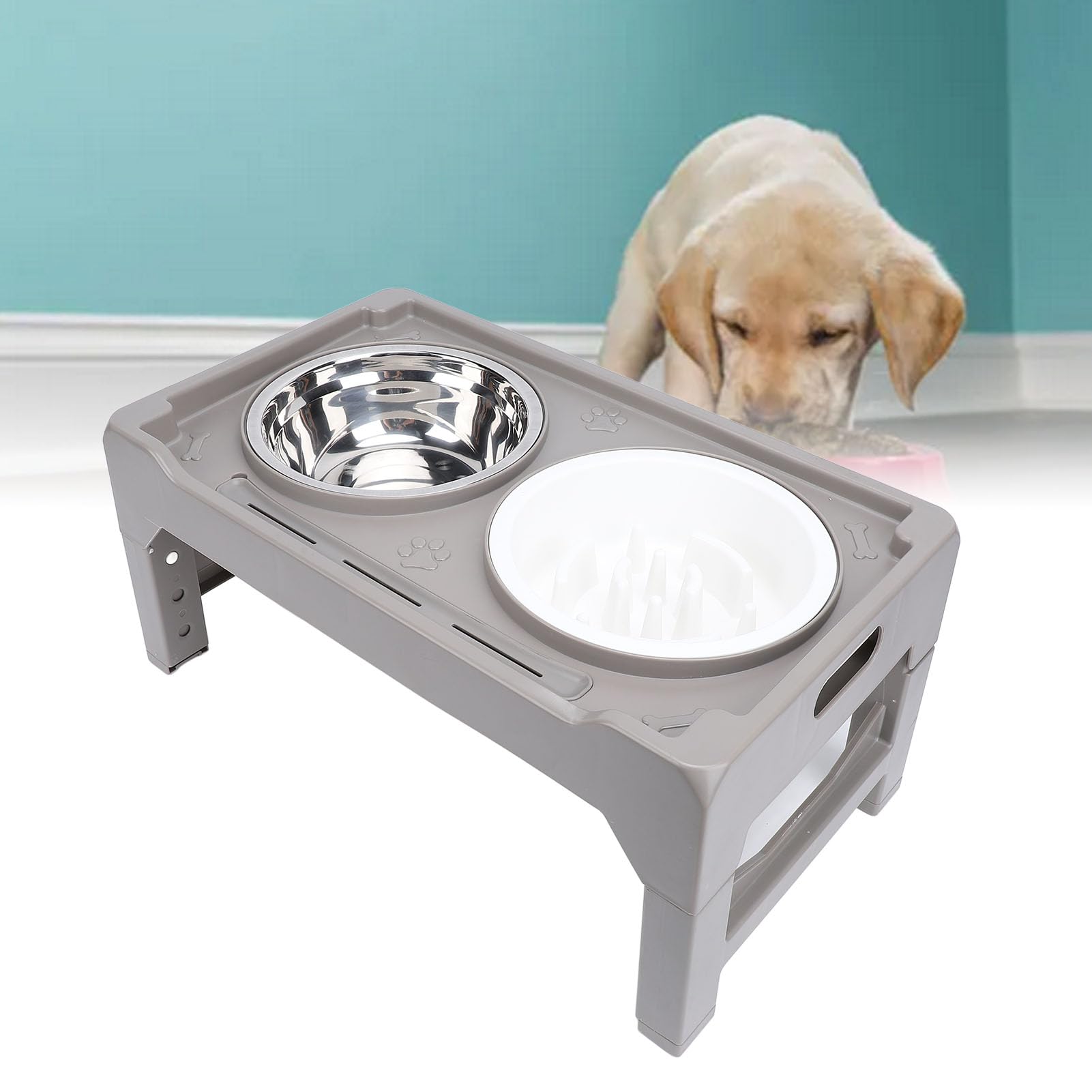 Asixxsix Gamelle Surélevée pour Chien, Hauteur Réglable sur 4 Niveaux, Gamelle Surélevée en Acier Inoxydable avec Pieds Pliables Antidérapants pour Chiens de Petite, Moyenne et Grande Taille (Grey)